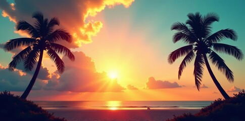 Tropical palm tree silhouettes under a shining summer sky, tropical, nature, silhouette