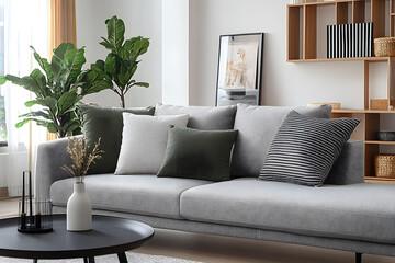 Fototapeta premium Soft cushions on grey sofa in living room