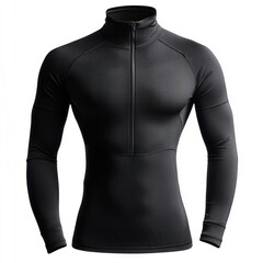 Fitted black zip-up long-sleeve compression shirt for men with high neck and sleek athletic design
