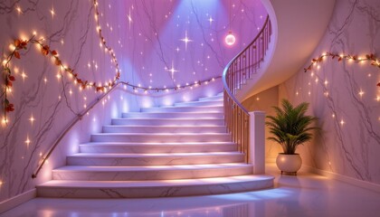 mystical glow a staircase surrounded by soft, luminescent lights that create a magical and dreamy feel.