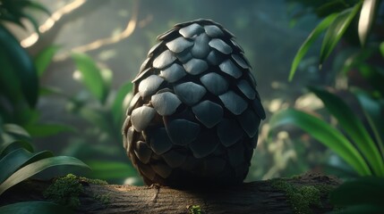 Textured Black Egg Resembling Pine Cone Resting on Mossy Log Surrounded by Lush Green Foliage in a Mystical Forest Setting