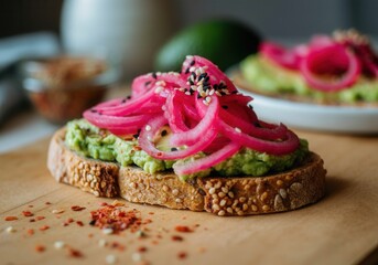Gourmet avocado toast with pickled onions and sesame seeds on rustic bread