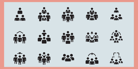 Fototapeta premium A grid of 12 black icons on a light blue background, each icon representing different groups of people. The icons include a group of four people standing together, a group of three people standing tog