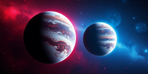 Twin planets, one bathed in crimson nebula light, the other in icy blue starlight, nebula, radiant