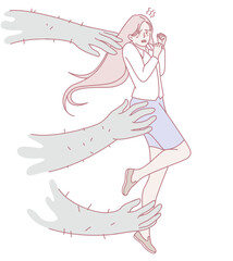 A terrified young girl faces shadowy hands emerging from darkness in a dynamic scene that evokes strong emotions