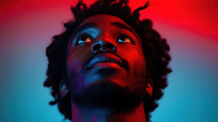 Dramatic black man looking upward, illuminated by neon lighting portrait image closeup, ai generated
