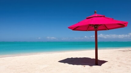 Fototapeta premium Vibrant Pink Beach Umbrella on Sandy Shore with Clear Turquoise Water under Sunny Sky