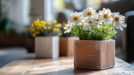 A wooden box with a white flower arrangement sits on a table