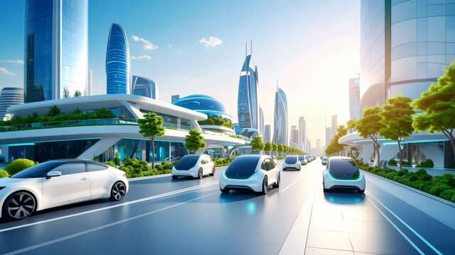 Futuristic city with autonomous electric vehicles on clean modern roads