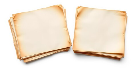 Two stacks of aged, textured, blank paper documents, isolated on white, old paper, background texture