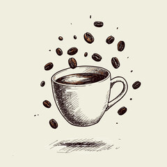 Levitation Coffee Cup with Floating Beans. Minimalist sketch illustration conveying the aroma and essence of coffee. Abstract Coffee Concept