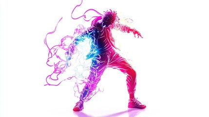 Energetic dancer with vibrant neon trails.