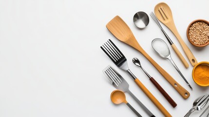 A stylish flat lay showcasing various kitchen utensils including wooden spoons, metal measu spoons, forks, and spatulas arranged on a pristine white background with copy space.
