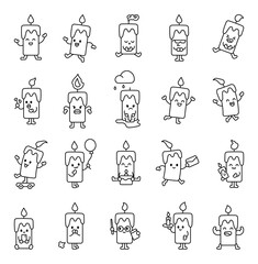 Cute kawaii cartoon candle characters with emotions activities expressions gestures and playful mascot outline fun design