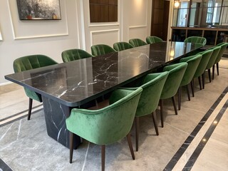 Long meeting table, black marble with green velour