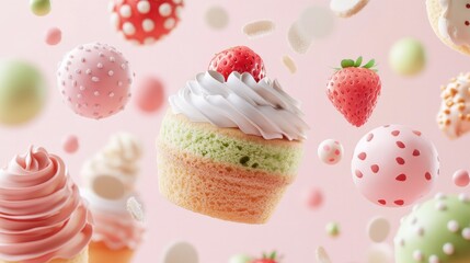 A colorful image of a cupcake with frosting and strawberries