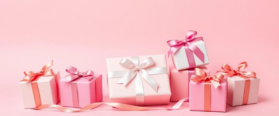 Pastel pink background, several gift boxes tied with satin ribbons, minimalist festive arrangement, background, gift box