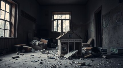 Obraz premium Abandoned Dollhouse in a Decaying Room