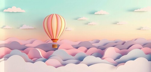 Fototapeta premium Pastel sky, hot air balloon paper craft, layered design, vector illustration, hot air balloon, colorful