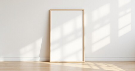 Fototapeta premium Vertical poster frame leaning on a white wall in a clean modern living room. Light wood floor and soft daylight create a calm and minimal presentation.