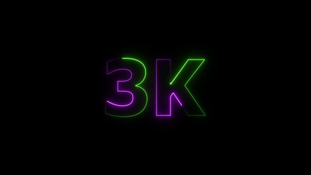 Glowing neon line 3k Ultra HD icon isolated on black background.congratulations for 3k. neon 3k Follower neon Text And Firework Animation Subscribers.