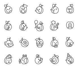 Apricot cartoon characters in kawaii style smiling celebrating eating drinking reading sleeping holding hearts balloons flowers and wearing hats and costumes