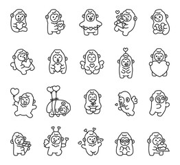 Yeti valentine cartoon character holding hearts balloons flowers letters cakes wearing wings glasses celebrating love and expressing emotions in cute kawaii style