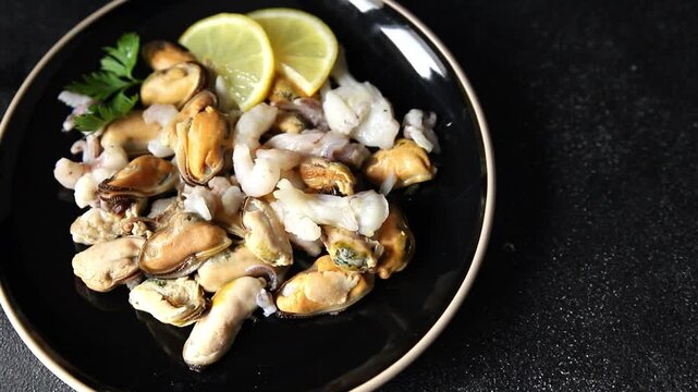 Seafood mixmussels, shrimp, prawn, rapan, squid dish frut de mer fresh gourmet food background on the table rustic food top view copy space keto  paleo diet vegetarian pescetarian diet