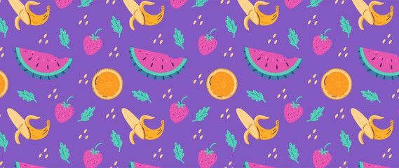 Ripe tropical fruits and berries bright vector seamless pattern on vivid purple background