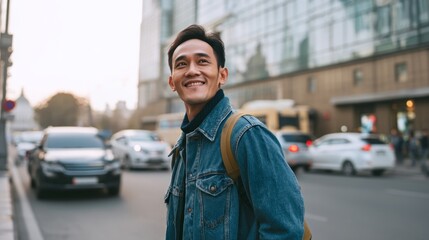 Fototapeta premium A man wearing a blue jacket and a backpack is smiling as he stands on a city street. The scene is bustling with activity, with cars and buses driving by and people walking around