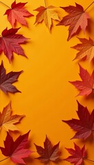 Obraz premium Vibrant autumn leaves arranged in geometric pattern on orange backdrop, design, nature, abstract