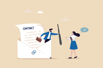 Remote recruitment, job offer email for accepted candidate, online employment technology or electronic contract signing, smart businessman from email envelope offer pen for candidate to sign contract.