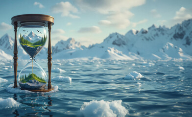 Symbolic image of climate change with an hourglass with a green nature floating in an icy ocean with a snowy landscape.