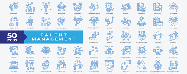 Talent Management icon set with Leadership, development, career development, assessment, recruitment, planning, skill development, mentoring, teamwork, innovation and job training
