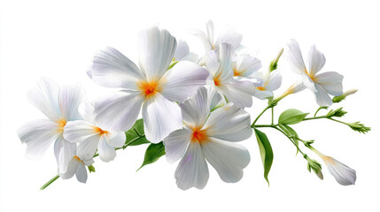 Fototapeta premium Watercolor Crepe Jasmine blossoms with delicate white petals and soft yellow centers, blooming gracefully with green leaves on white.