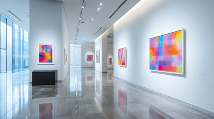 Modern art gallery interior, vibrant paintings