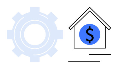 Gear and house icon with dollar sign indicating property financing, mortgage, or housing industry. Ideal for banking, investment, construction, affordability, profit loan planning. Flat simple
