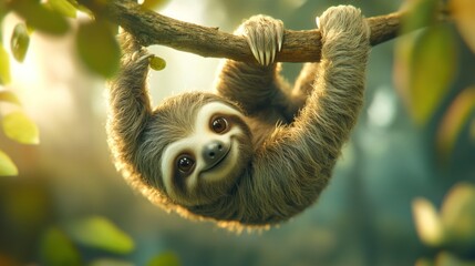 Fototapeta premium Happy sloth hanging rainforest tree sunlit background