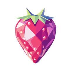 Vector illustration of a strawberry designed in a low poly geometric style with sharp angles and faceted shapes