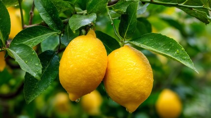 Two ripe lemons hanging from a branch with water drops