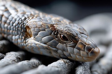 Fototapeta premium This close-up shot features a snake's face, showcasing its mesmerizing eye and the intricate patterns of its skin under soft lighting, illustrating its beauty and power.