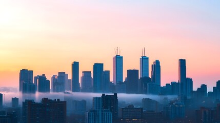 Fototapeta premium Majestic Cityscape at Dawn with Skyscrapers Bathed in Warm Morning Light and Soft Fog Rolling Over the Skyline