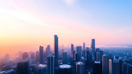 Fototapeta premium Cityscape Bathed in Warm Morning Light with Soft Fog Rolling Over Skyscrapers