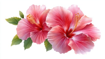Watercolor hibiscus blooms with lush green leaves, showcasing vibrant pink petals on a clean white background.