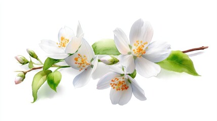 Obraz premium Delicate white jasmine flowers with green leaves and buds on a white background.