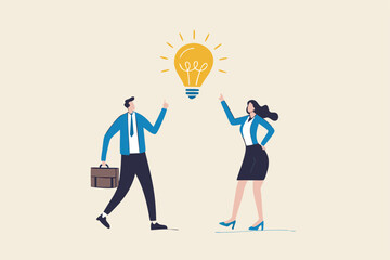 Bright idea to solve problem, business team brainstorm or thinking about new innovative idea, creativity or imagination concept, businessman and businesswoman thinking with bright lightbulb idea.