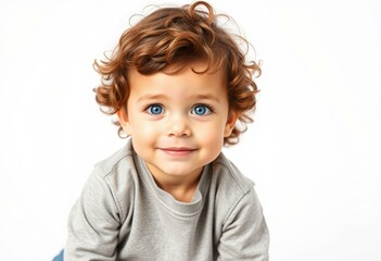 Naklejka premium Portrait of a 3-year-old boy with curly hair and bright blue eyes