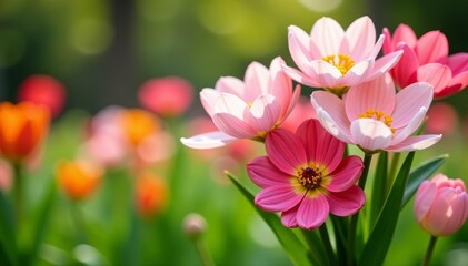 Fototapeta premium Vibrant bouquet of spring flowers on a Happy Mother's Day card in a blooming garden, vibrant, Mother's Day, blooming