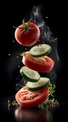 Floating vegetables in motion tomato slices cucumber slices and onion rings in a fresh salad splash food photography