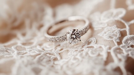 Fototapeta premium Diamond Engagement Ring on Delicate Lace Fabric